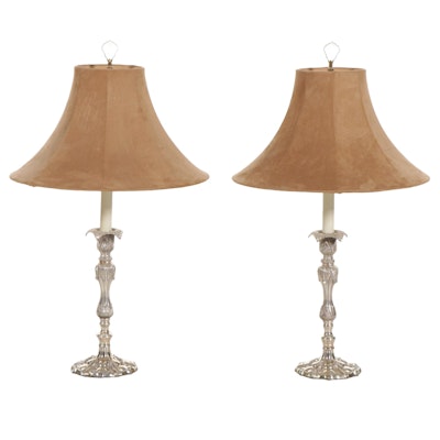 Pair of Neoclassical Style Metal Candlestick Lamps With Suede Shades