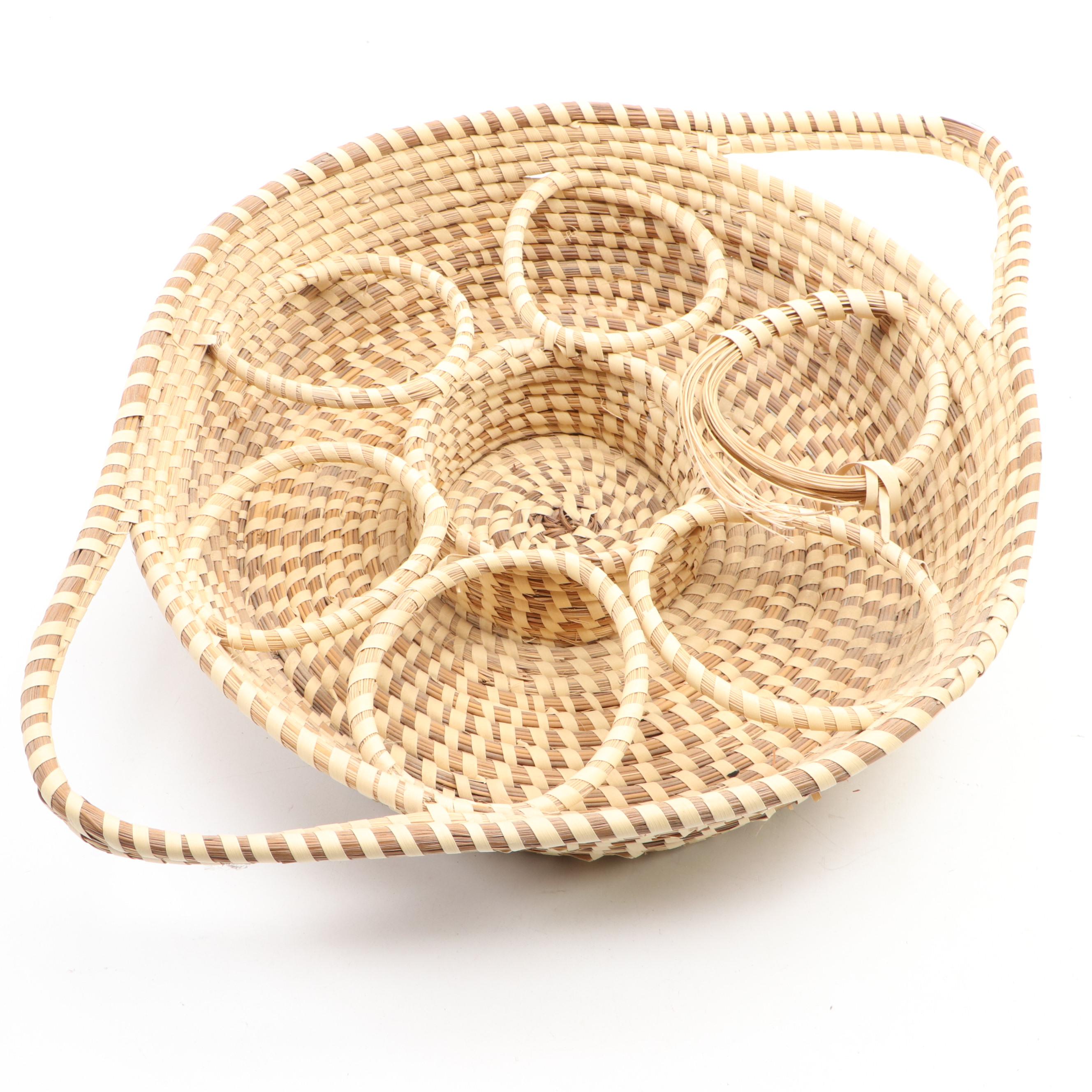 Gullah Geechee Woven Sweetgrass Lidded Baskets and Wine Caddy Basket EBTH