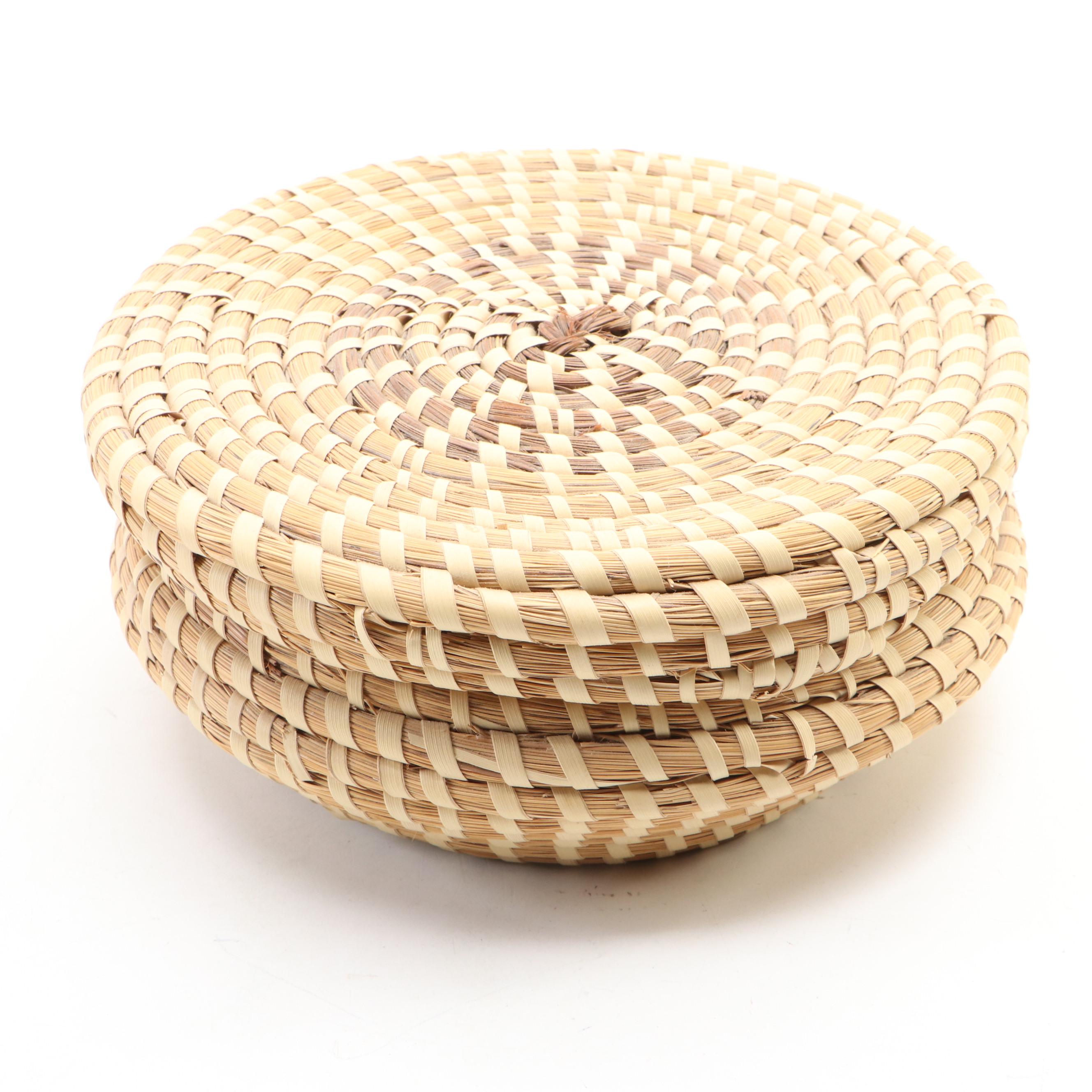 Gullah Geechee Woven Sweetgrass Lidded Baskets and Wine Caddy Basket EBTH