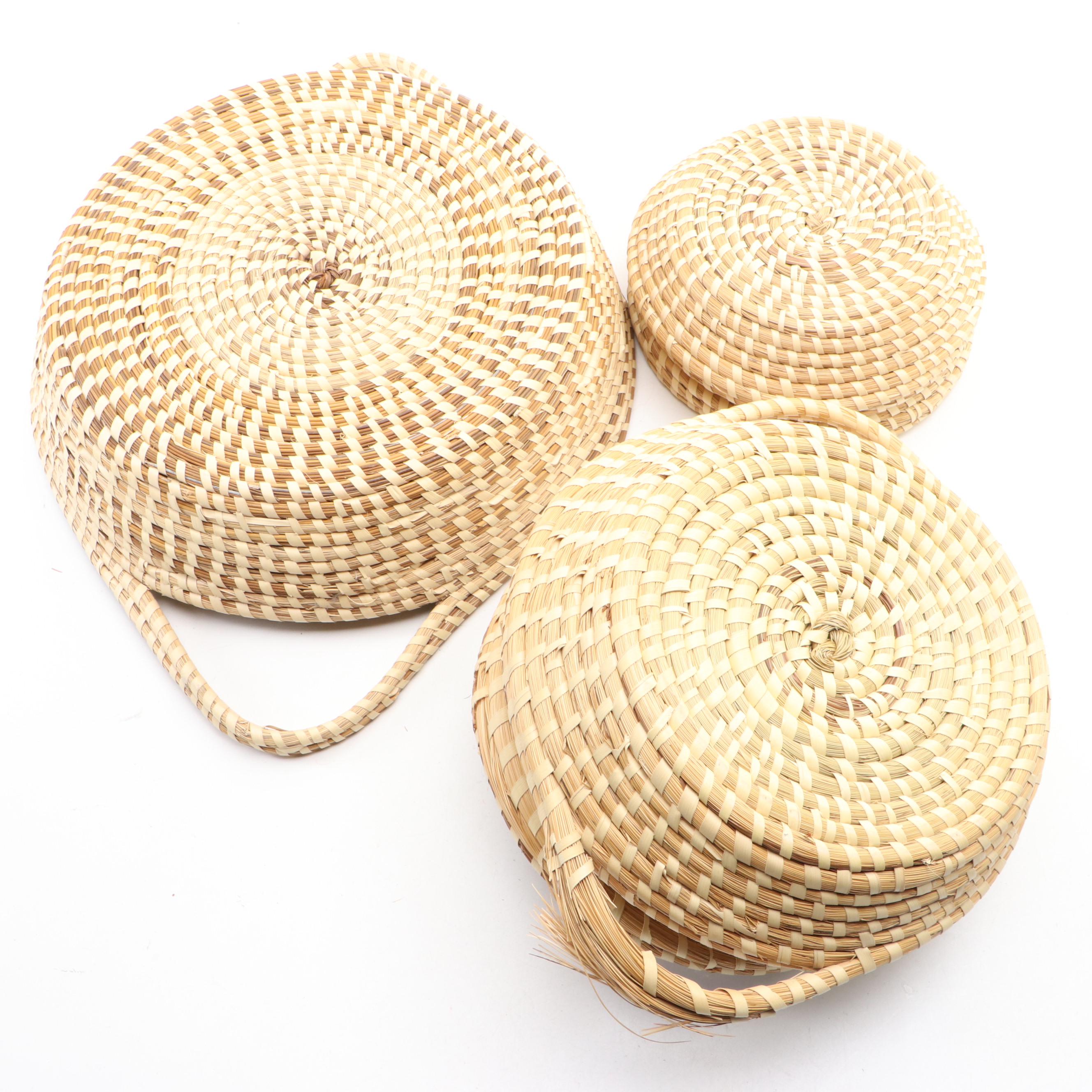 Gullah Geechee Woven Sweetgrass Lidded Baskets and Wine Caddy Basket EBTH