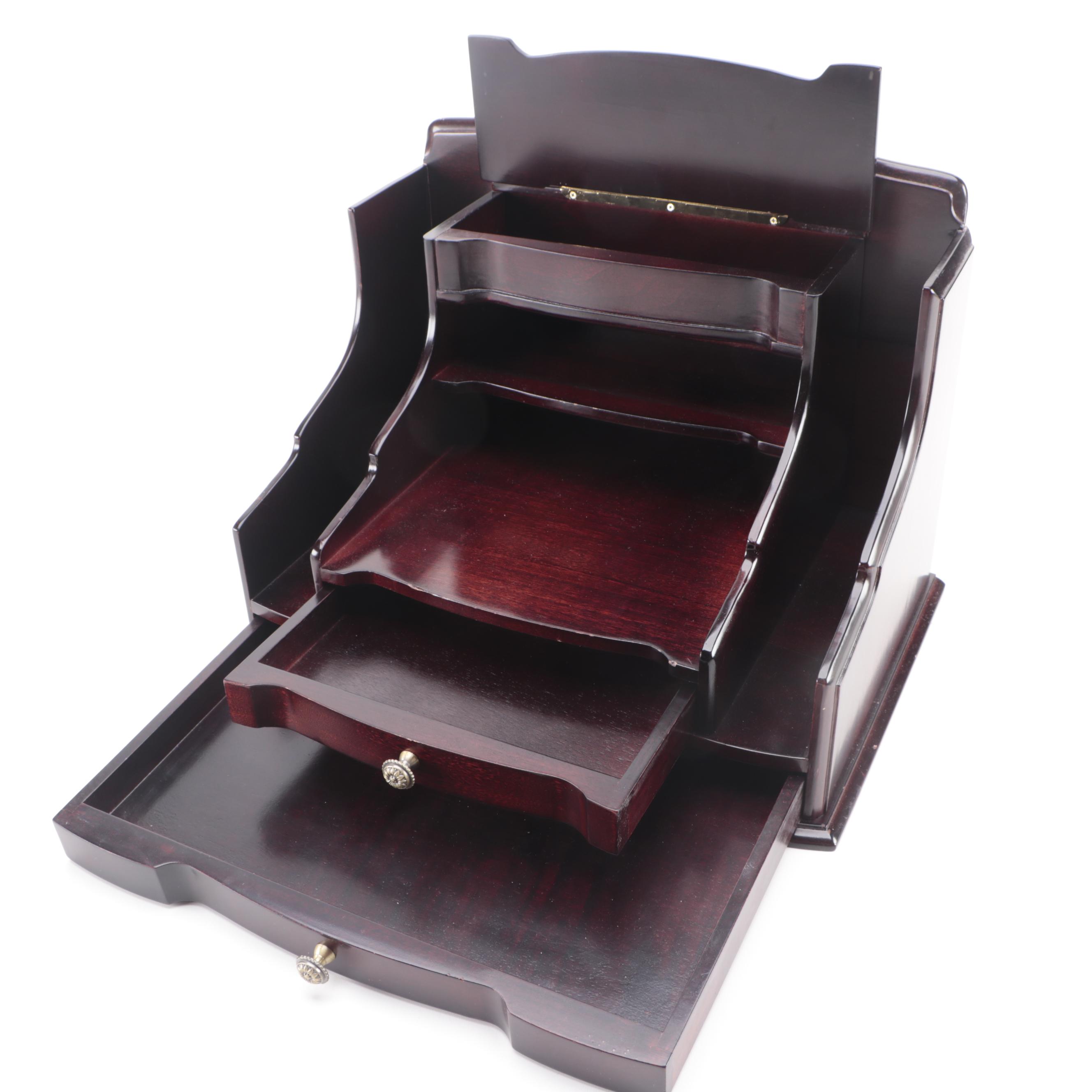 Mahogany Finish Desk Top Organizer with Marble and Brass Calendar EBTH