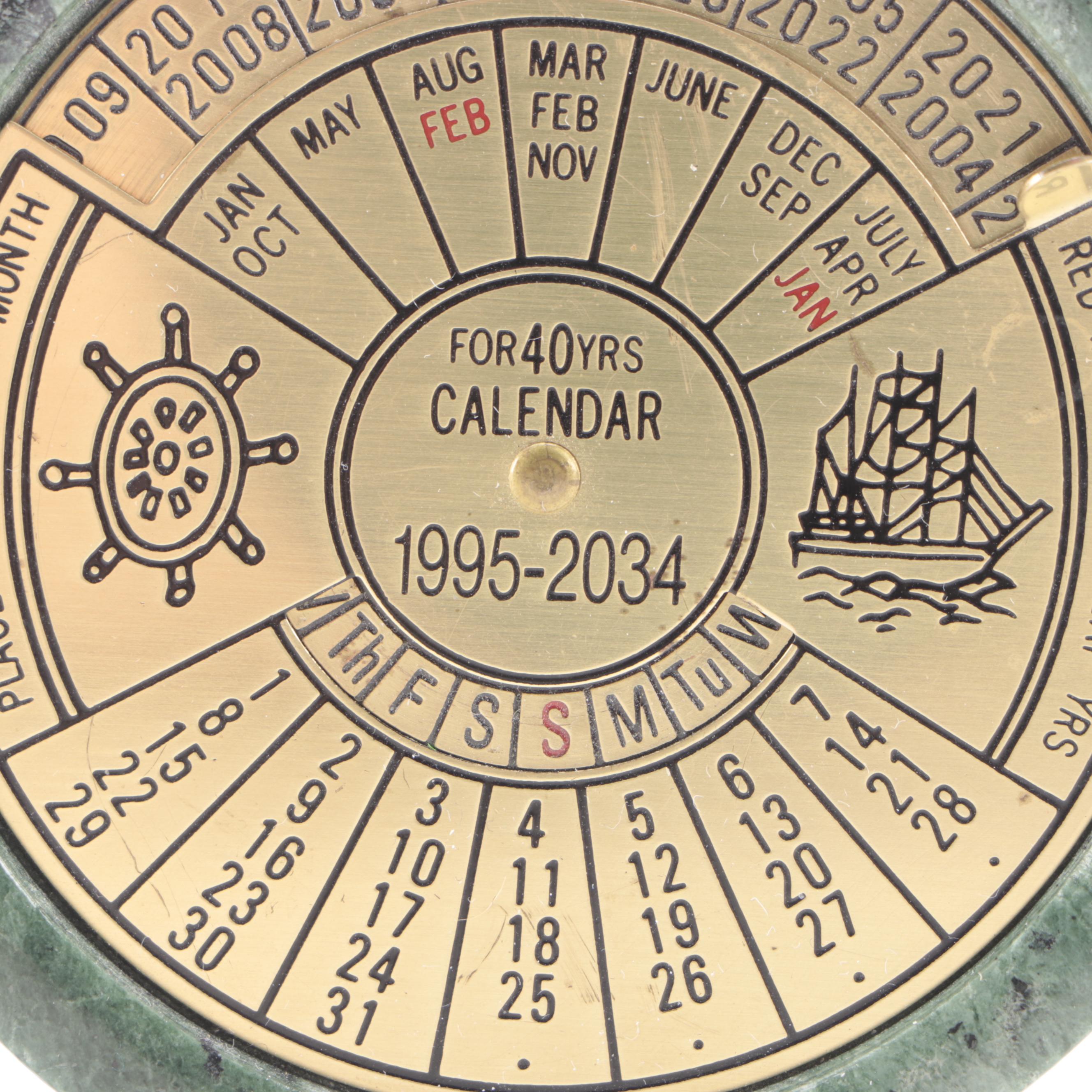 Mahogany Finish Desk Top Organizer with Marble and Brass Calendar EBTH