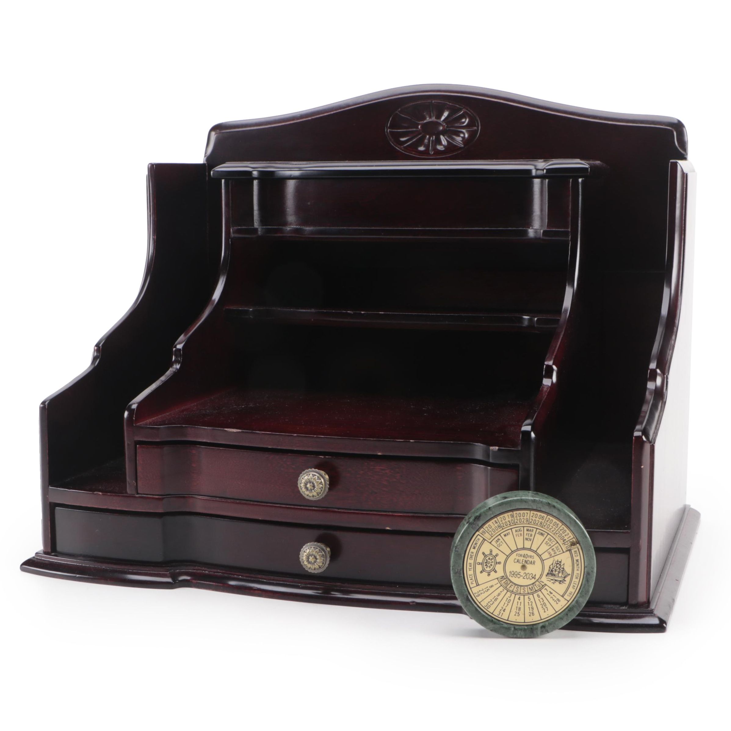 Mahogany Finish Desk Top Organizer with Marble and Brass Calendar EBTH