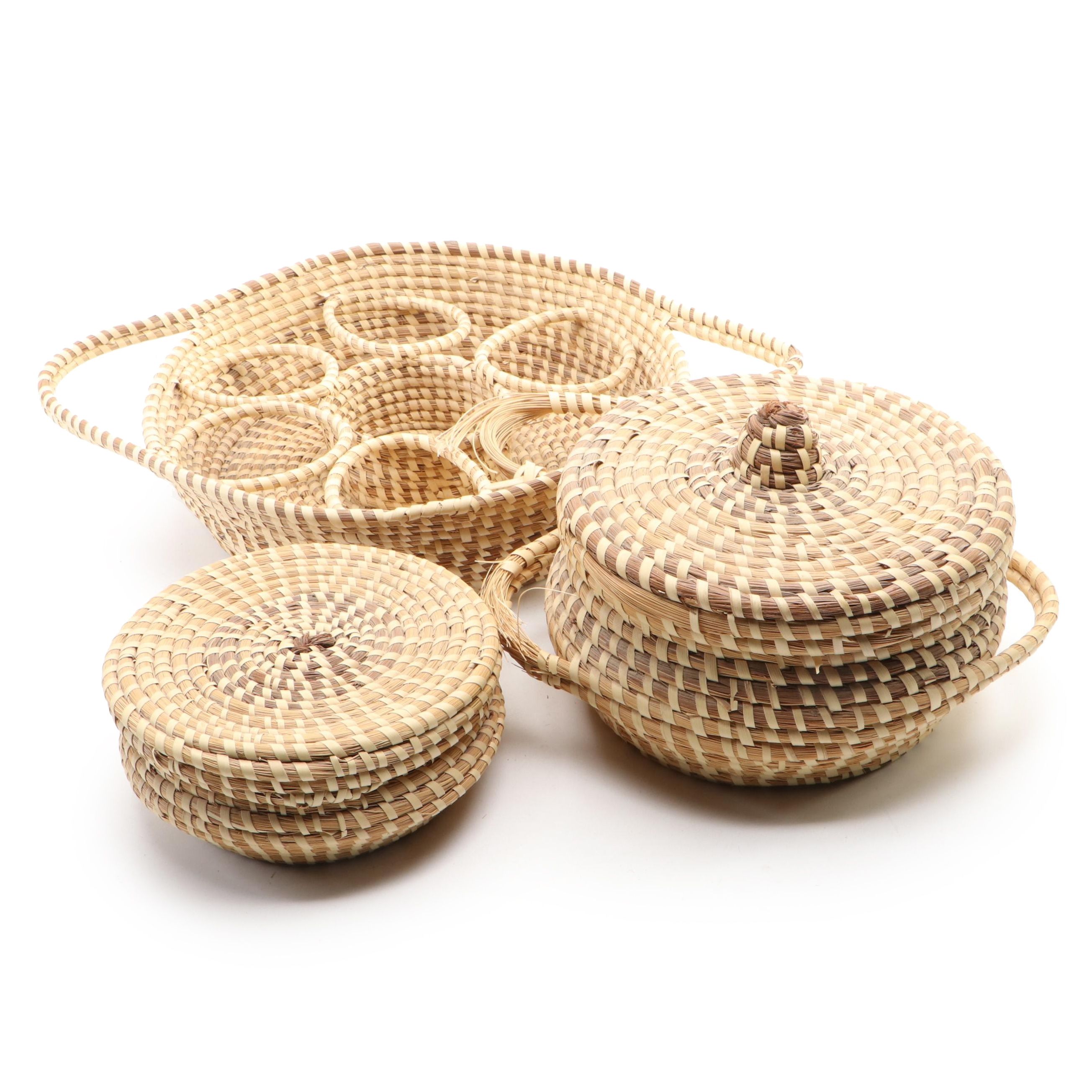 Gullah Geechee Woven Sweetgrass Lidded Baskets and Wine Caddy Basket EBTH