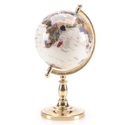 Gemstone Inlaid Globe on Brass Stand