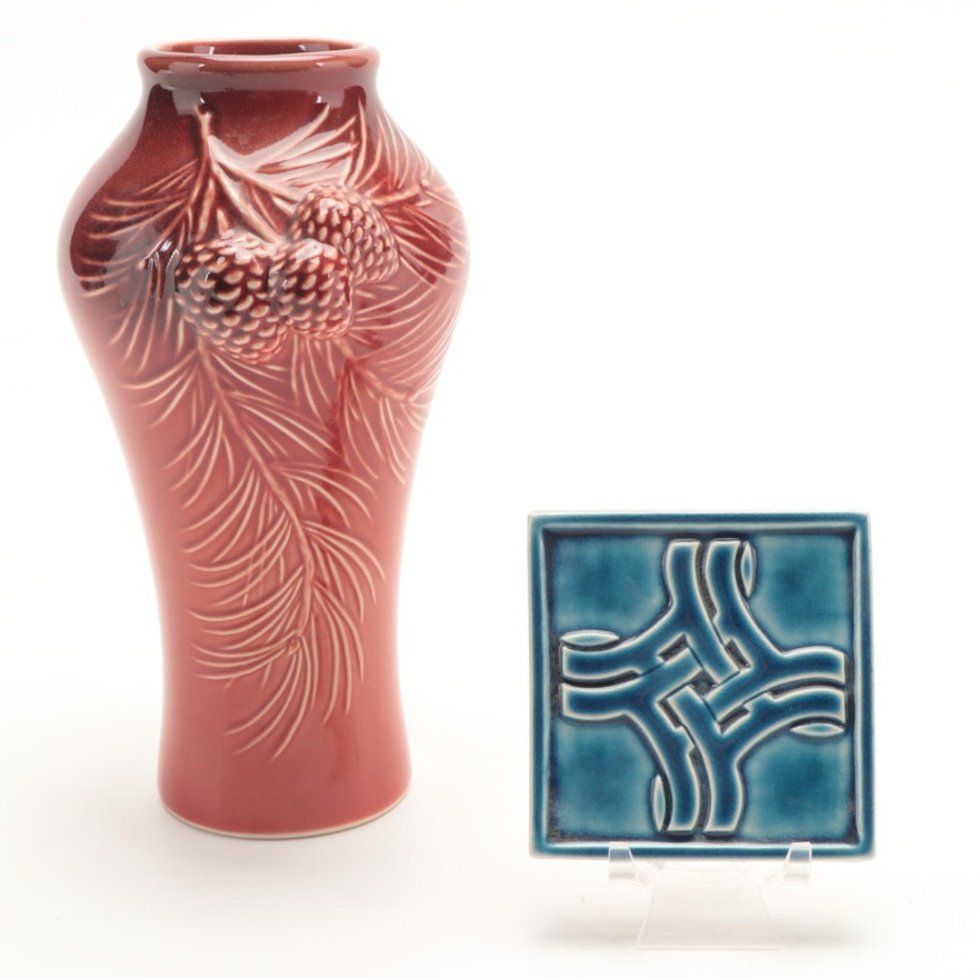 Rookwood Pinecone Vase and Rookwood Mercy Health Commemorative Tile