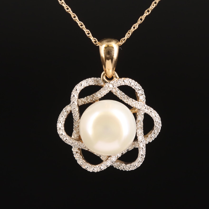 10K Pearl and Diamond Pendant Necklace