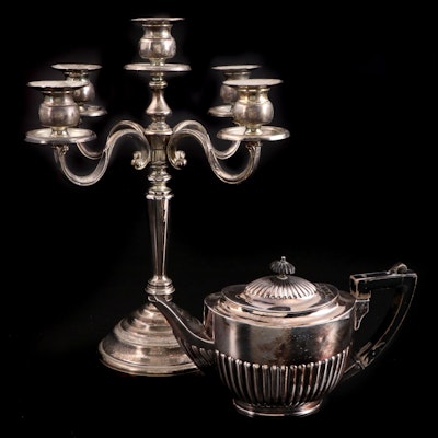 William Hutton & Sons Silver Plate Teapot and Other Candelabra
