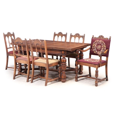 Seven-Piece Union National Jacobean Revival Carved Oak Dining Set, circa 1930