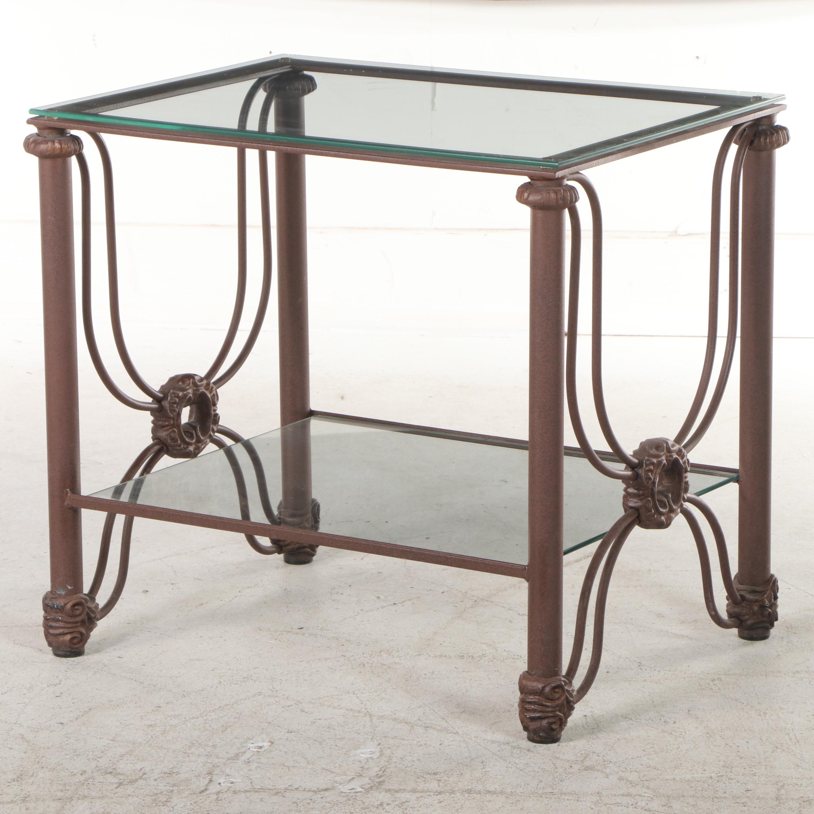 Wrought and Cast Iron End Table with Tiered Glass EBTH
