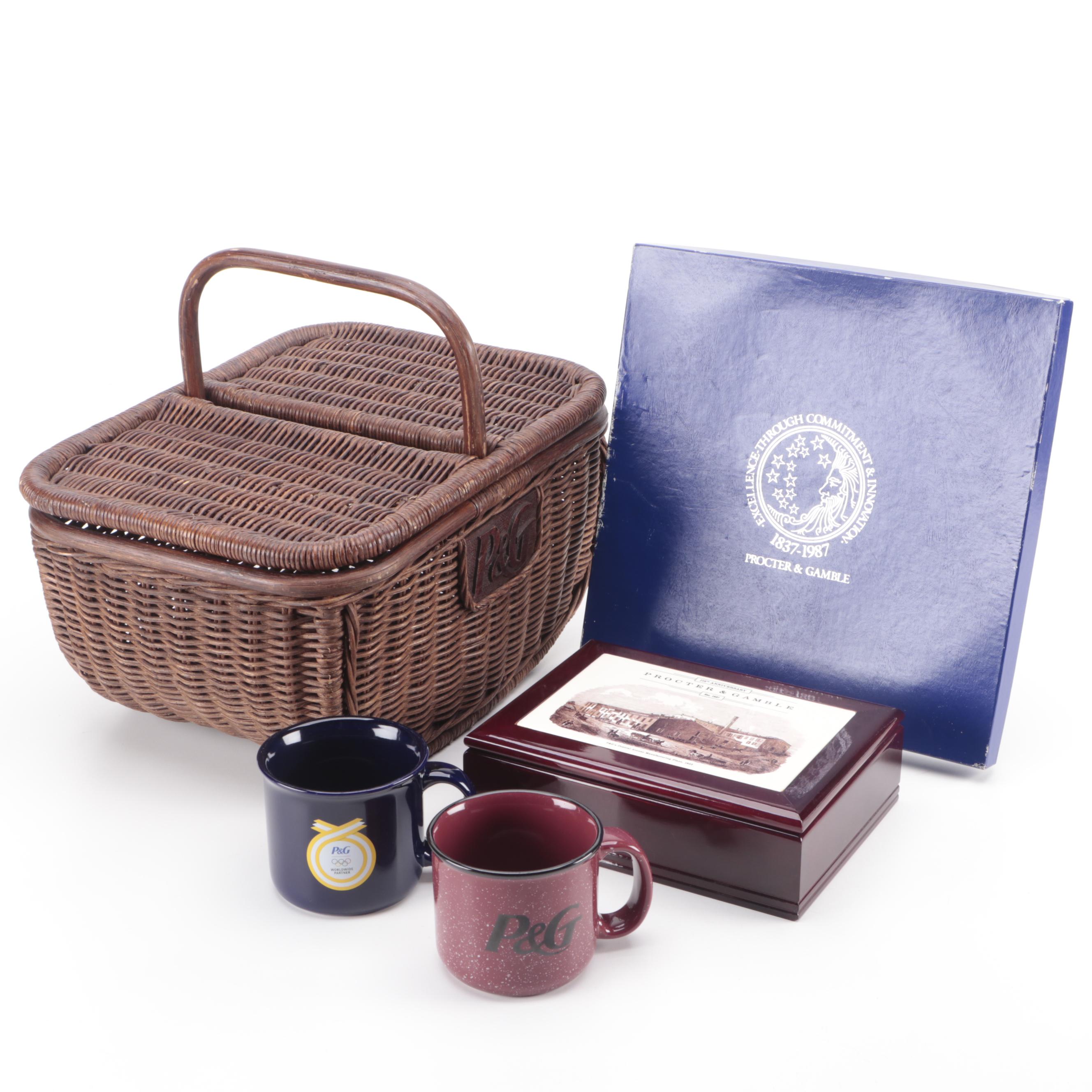Procter & Gamble Wicker Picnic Basket, Anniversary Box, Glass Plate and