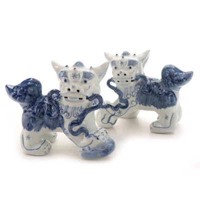 Chinese Blue and White Ceramic Guardian Lion Figurines