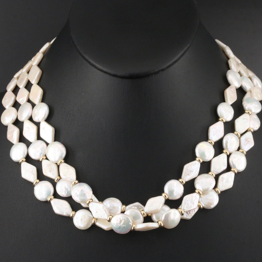 Pearl Coin and Diamond Shape Necklace with 14K Clasp and Spacer Beads