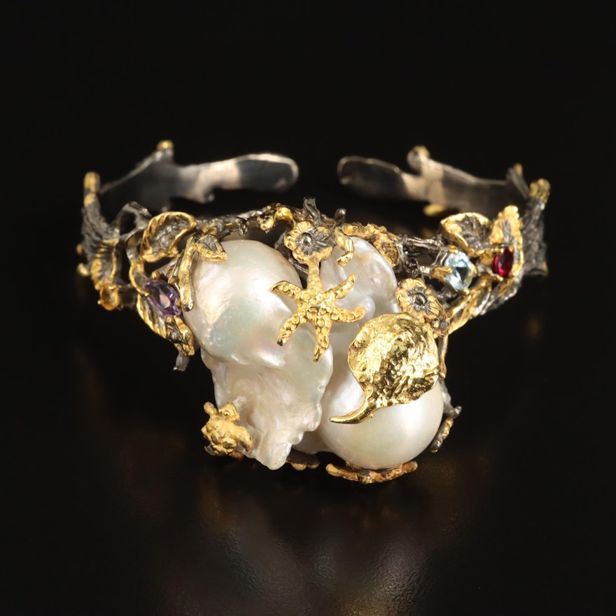 Sterling Sea Life Cuff Including Pearl, Amethyst and Topaz