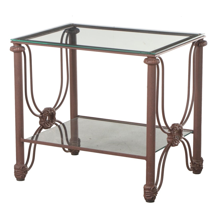 Wrought and Cast Iron End Table with Tiered Glass