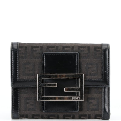Fendi Trifold Wallet in FF Zucca Jacquard Canvas and Black Leather with Box