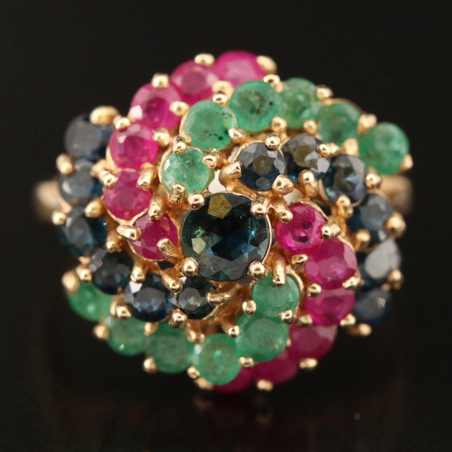 14K Sapphire, Ruby and Emerald Domed Ring
