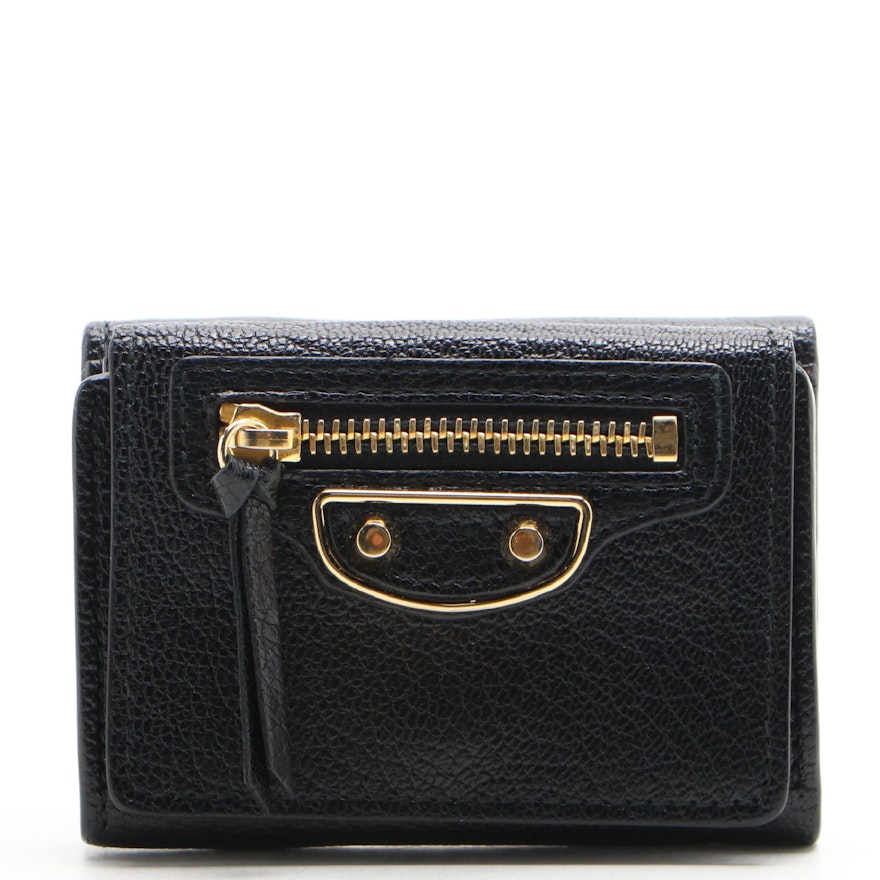 Balenciaga Black Leather Classic Studs Trifold Compact Wallet