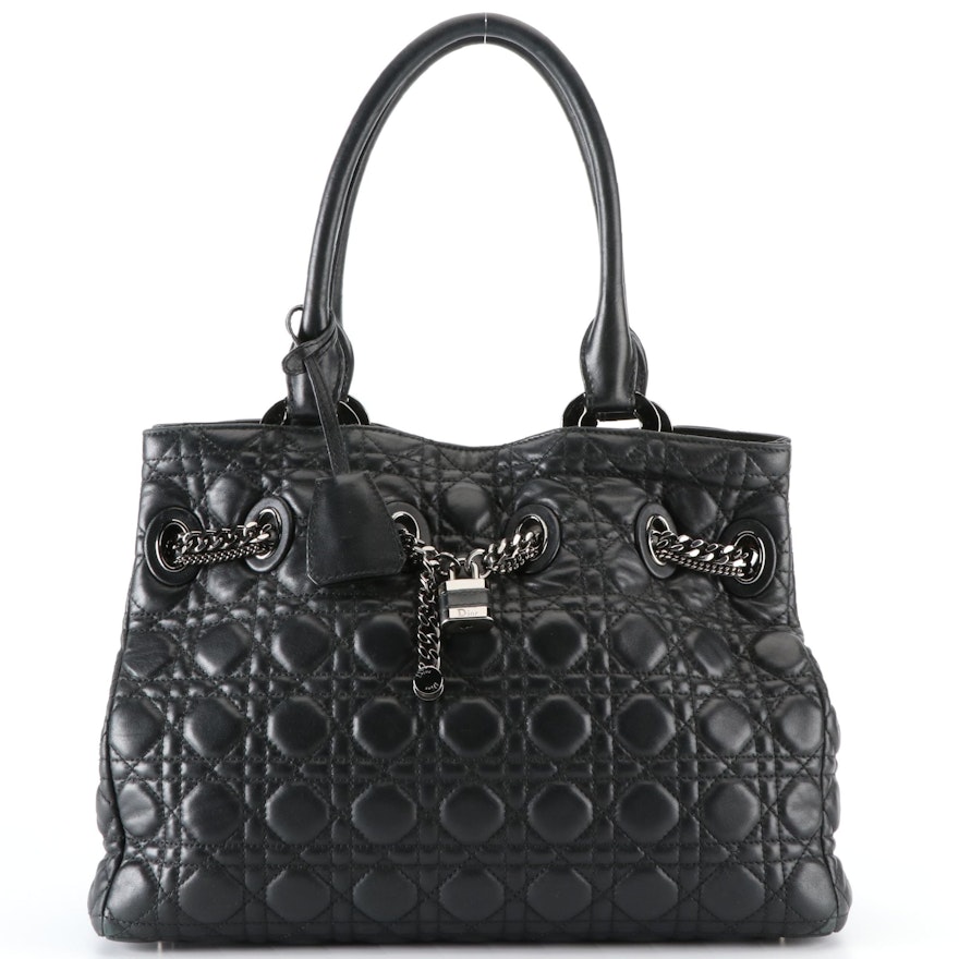 Christian Dior Chri Chri Tote in Black Cannage Quilted Lambskin Leather with Box