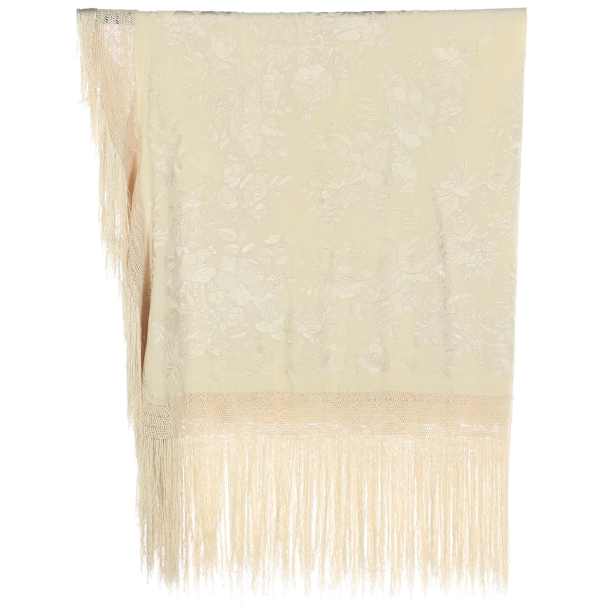 Floral Embroidered Piano Scarf in Cream Silk with Hand-Knotted Fringe
