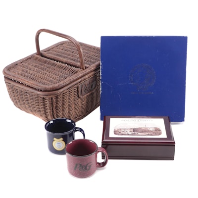 Procter & Gamble Wicker Picnic Basket, Anniversary Box, Glass Plate and Mugs