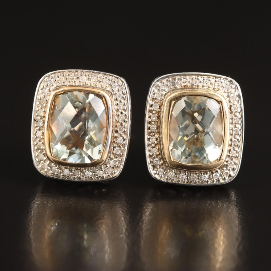 Sterling Prasiolite Earrings with Diamond Halos and 14K Accents