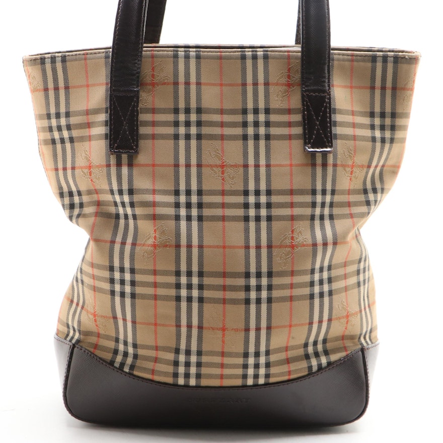 Burberry Small Shoulder Tote in Haymarket Check Twill and Brown Saffiano Leather