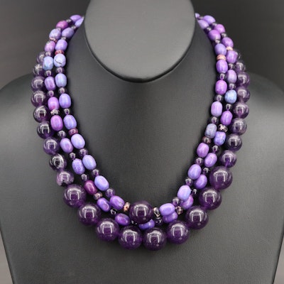 Amethyst, Magnesite and Jasper Beaded Necklace with Sterling Clasp