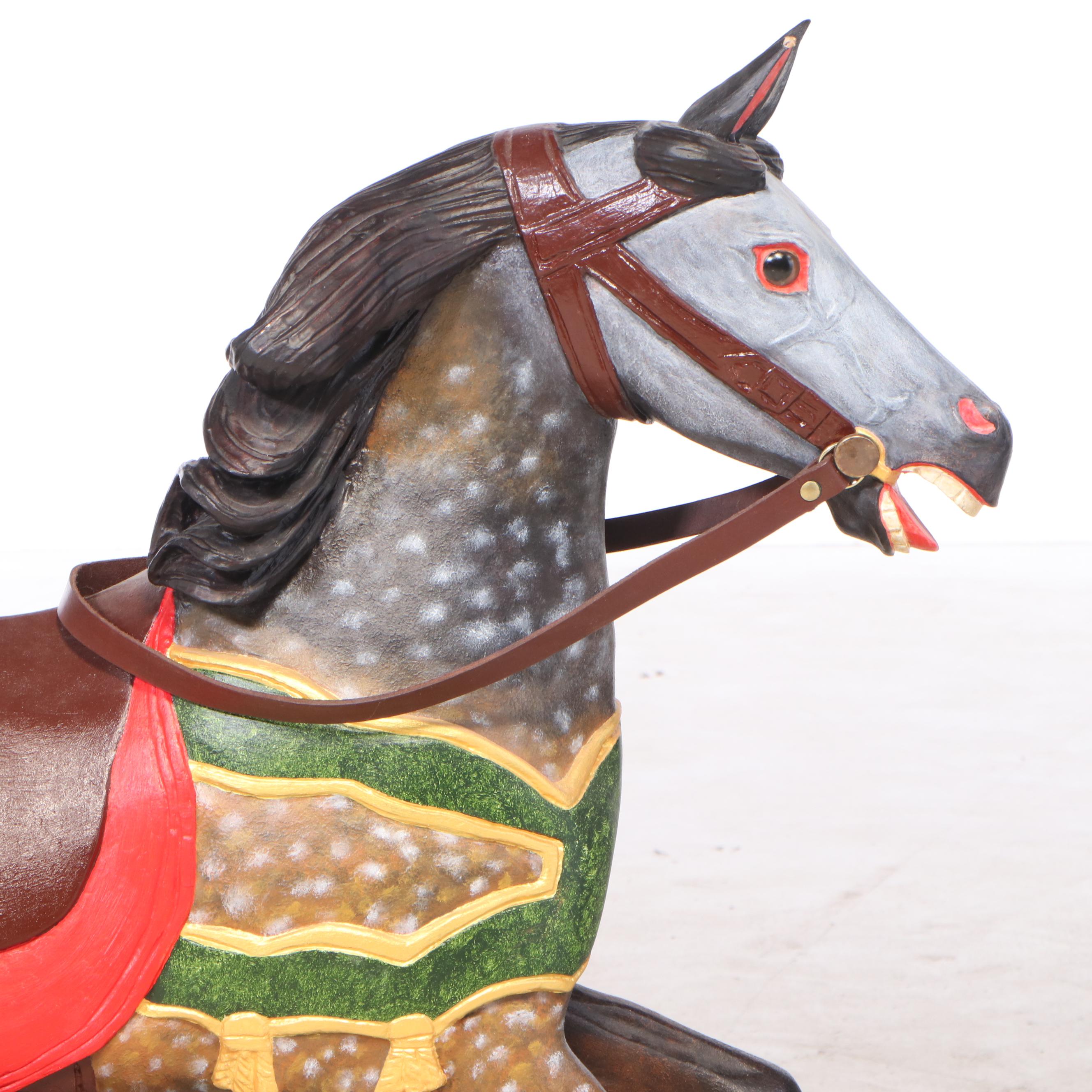 Carved and Painted Wooden Carousel Horse on Brass Pole Stand EBTH