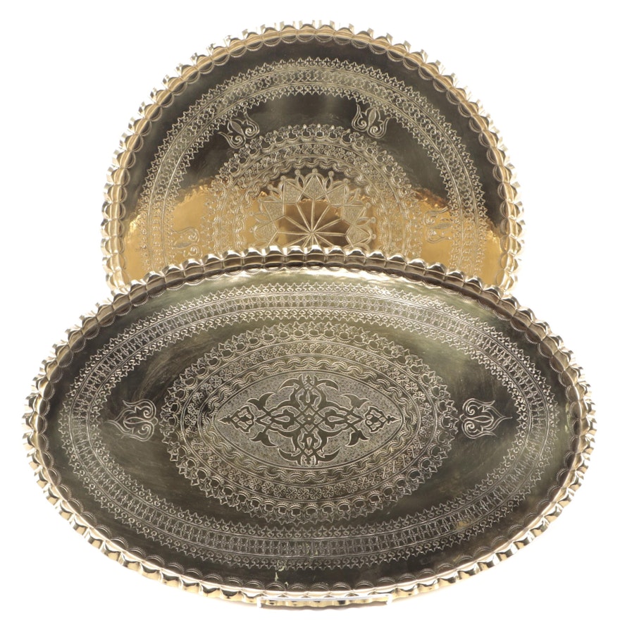 Middle Eastern Embossed Brass Oblong and Round Serving Trays