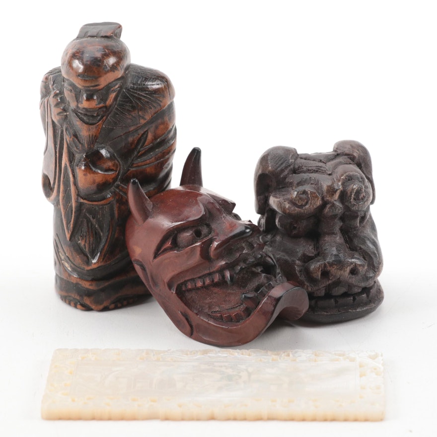 East Asian Carved Wood Hannya Mask Netsuke with Other Netsuke and More