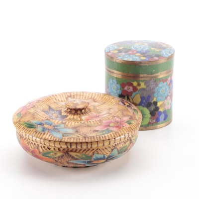 Chinese Cloisonné Lidded Canister with Other Carved Wood Box