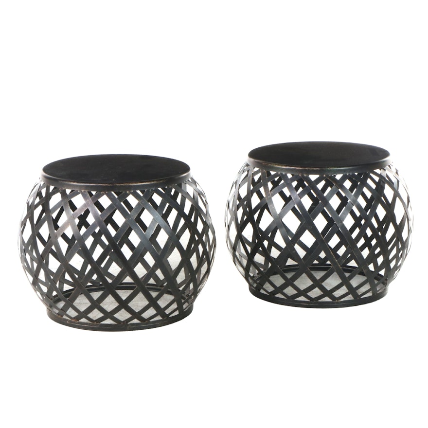 Pair of Modernist Style Patinated Metal "Basketweave" Side Tables