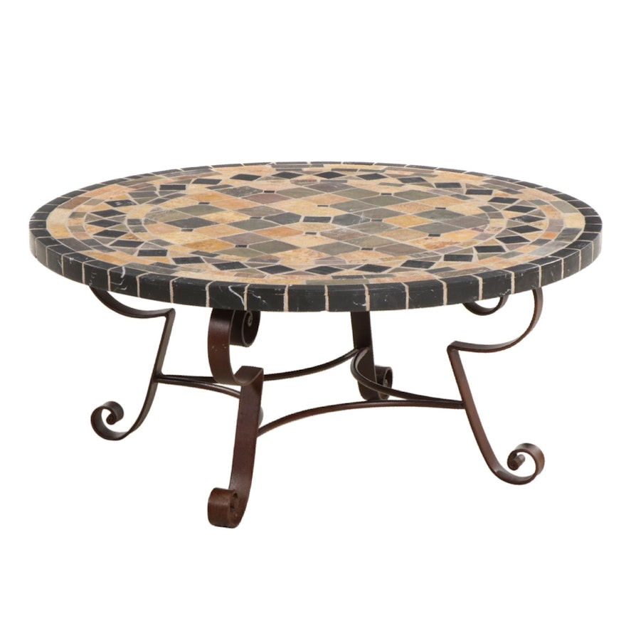 Metal Frame Coffee Table with Mosaic Stone and Tile Top, 21st Century