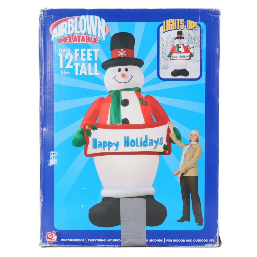 Gemmy Airblown Inflatable 12 Foot Snowman with "Happy Holidays" Banner