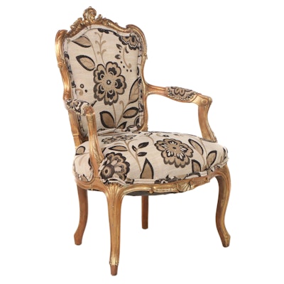 Louis XV Style Walnut, Parcel-Gilt, and Custom-Upholstered Fauteuil