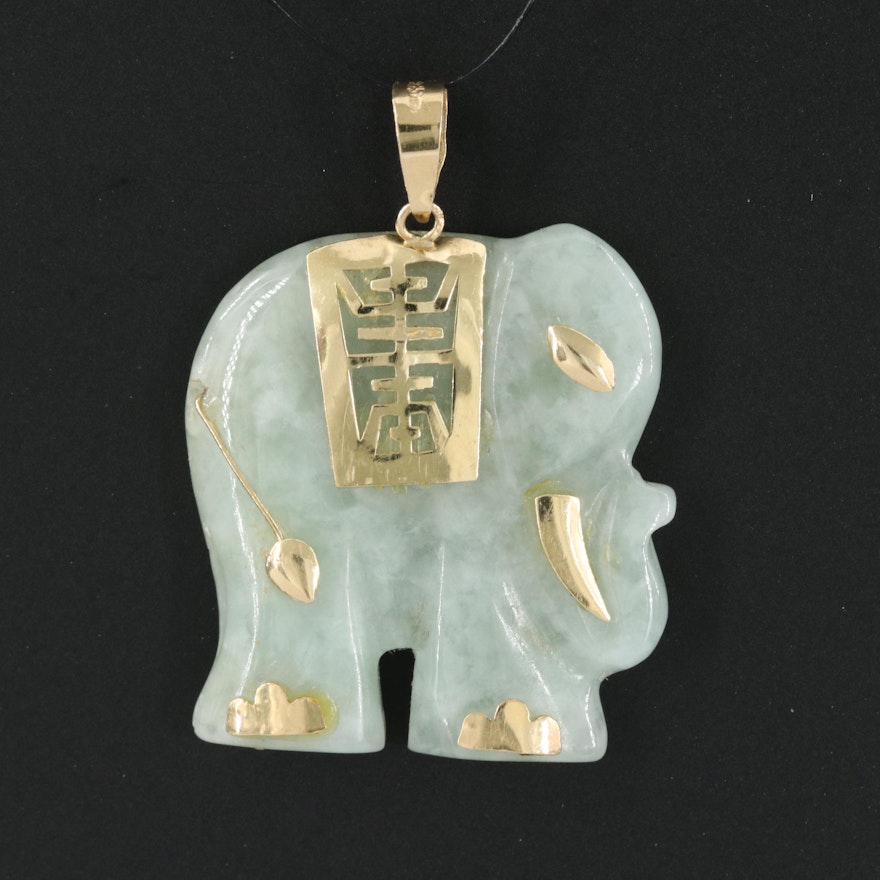 Chinese 14K Jadeite Elephant Pendant