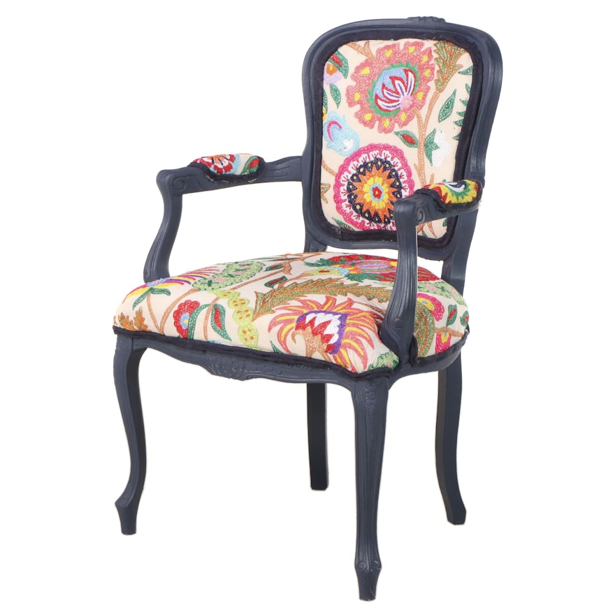 Louis XV Style Blue-Painted and Custom-Upholstered Fauteuil