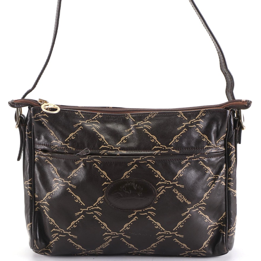 Longchamp Medium Zip Shoulder Bag in Printed Dark Brown Leather