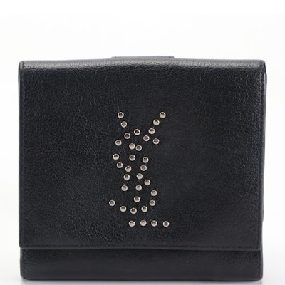 Yves Saint Laurent Trifold Wallet in Studded Logo Black Leather with Box