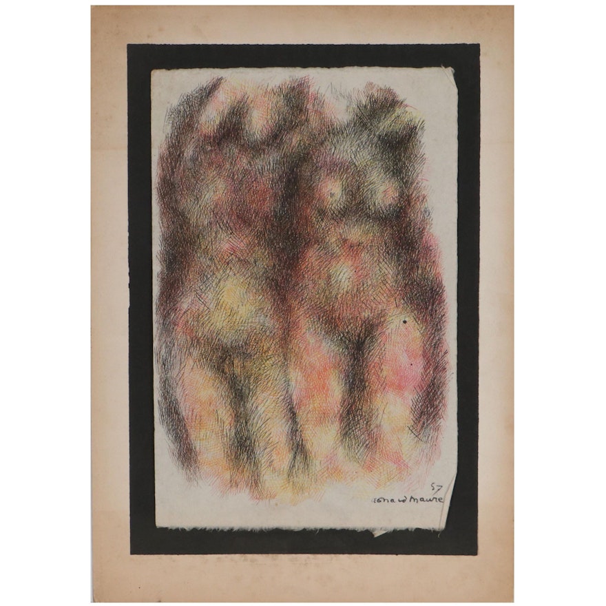 Leonard Maurer Ink Drawing of Nudes, 1957