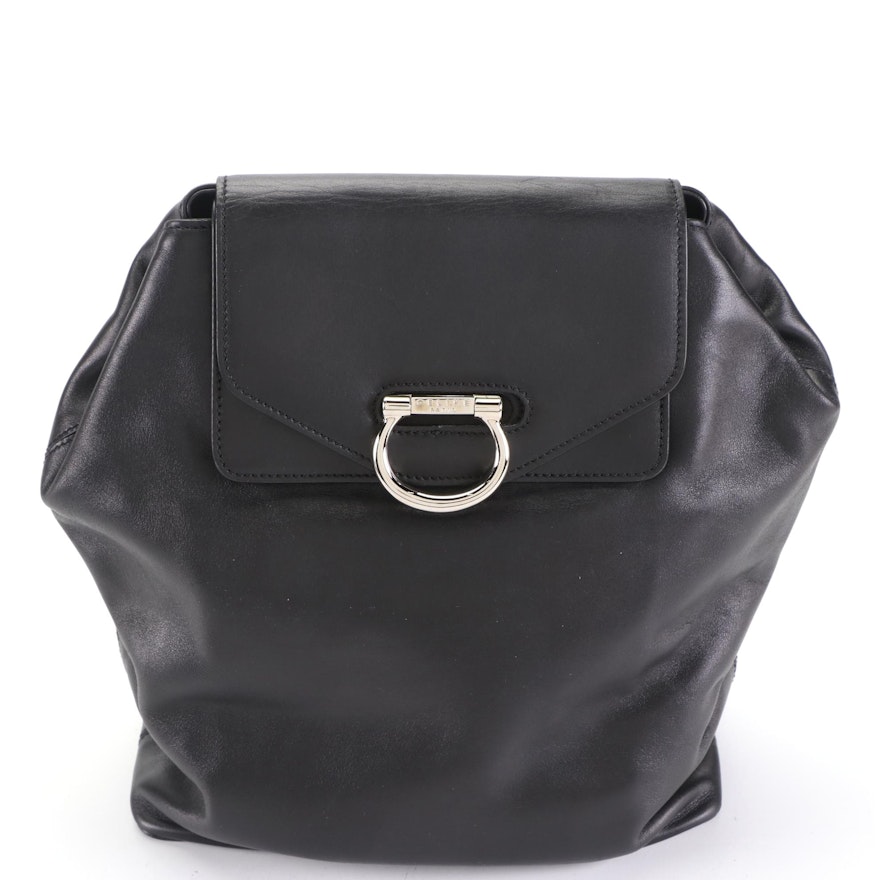Celine Double Flap Backpack Bag in Black Calfskin Leather