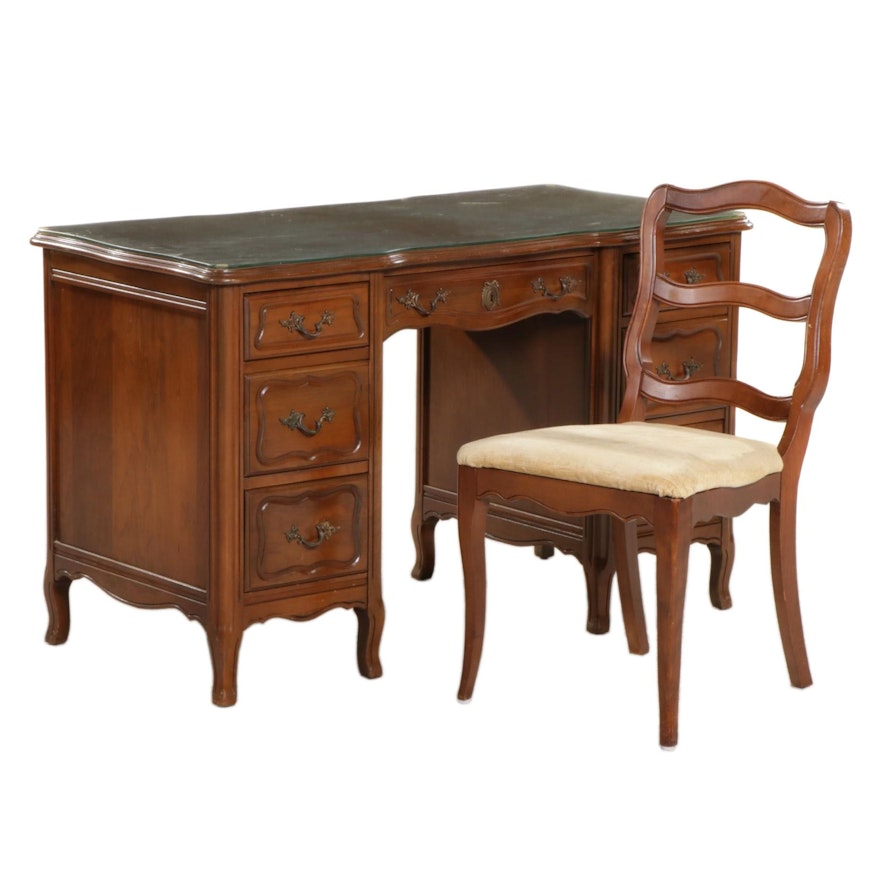 French Provincial Style Walnut Kneehole Desk and Chair, Mid to Late 20th Century