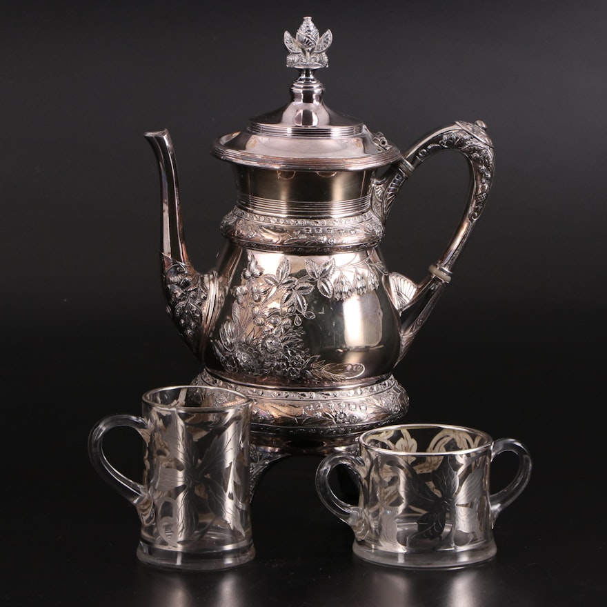 Middletown Plate Co. Silver Plate Teapot, Glass Creamer and Sugar with Overlay
