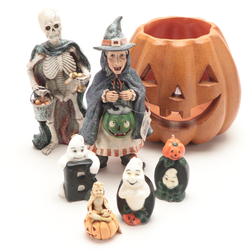 Pottery Barn Jack O' Lantern Luminary with Halloween Candles and Figurines