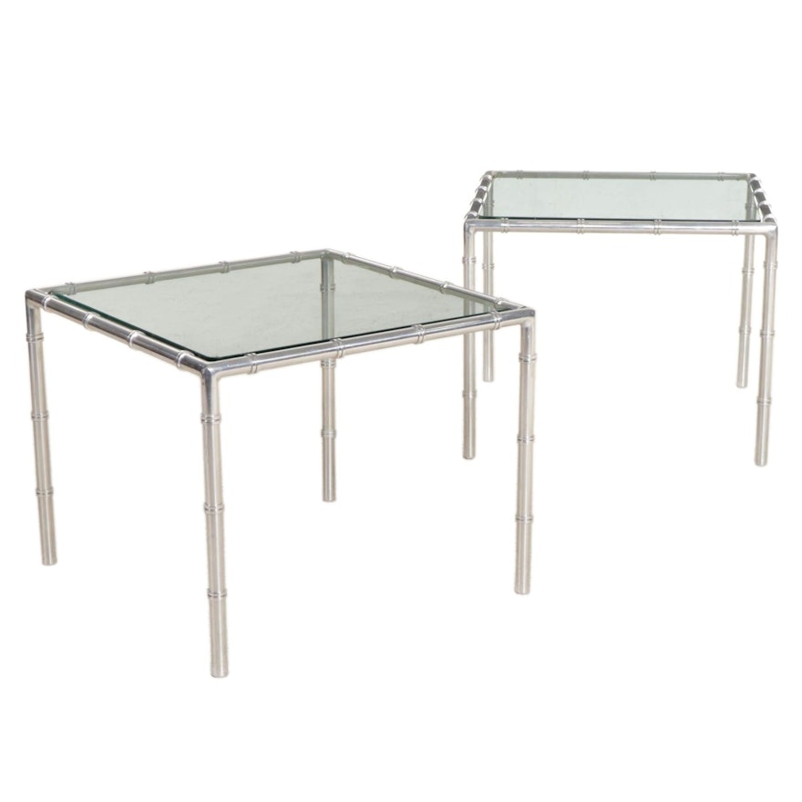Pair of Modernist Metal Bamboo-Form Glass Top Side Tables, 21st Century