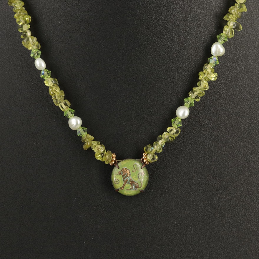 Vintage Leo Zodiac Pendant on Peridot, Pearl and Glass Beaded Necklace