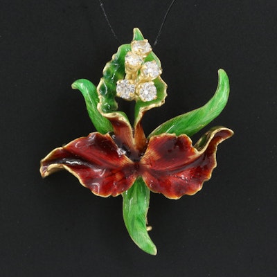 18K Diamond and Enamel Orchid Converter Brooch