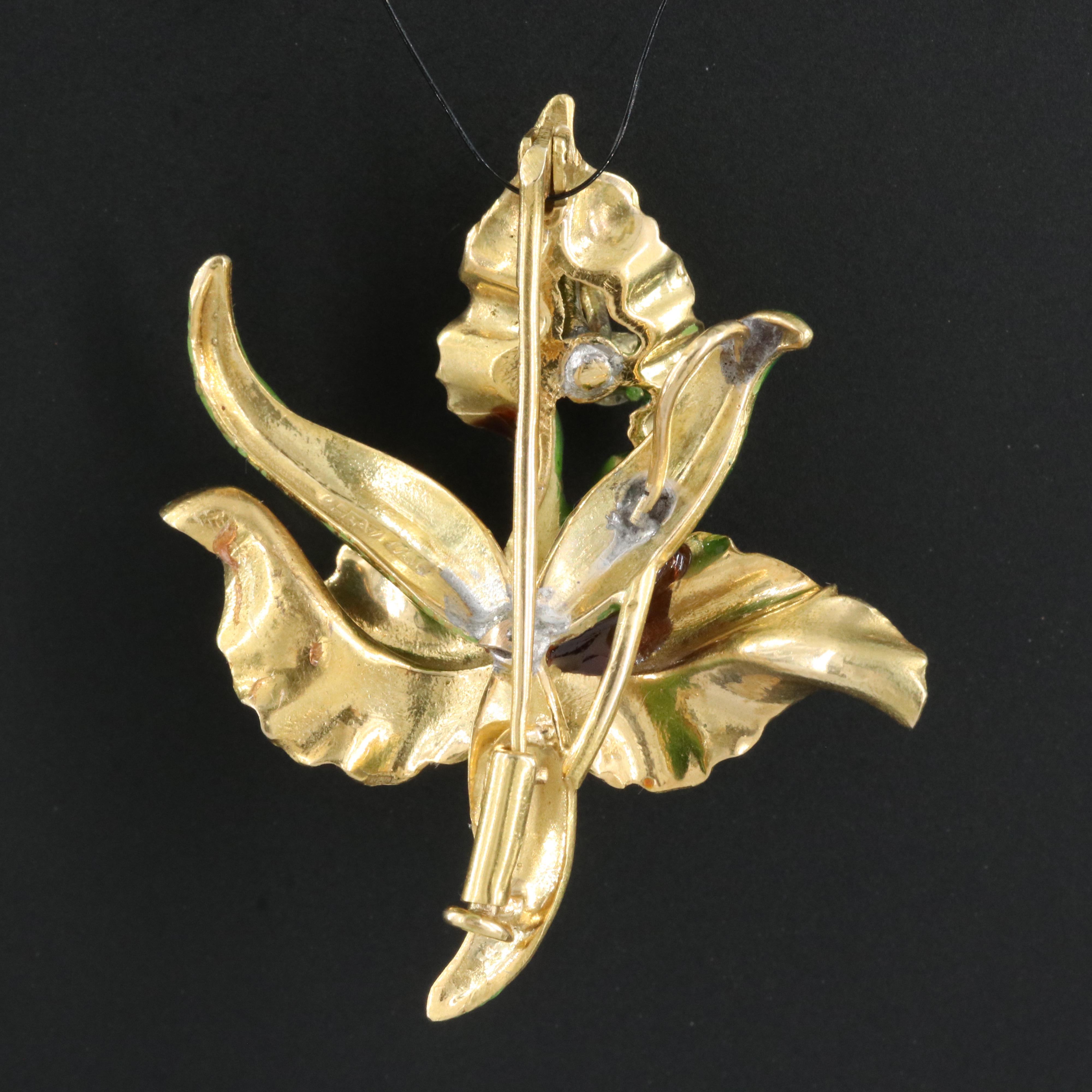 18K Diamond and Enamel Orchid Converter Brooch EBTH