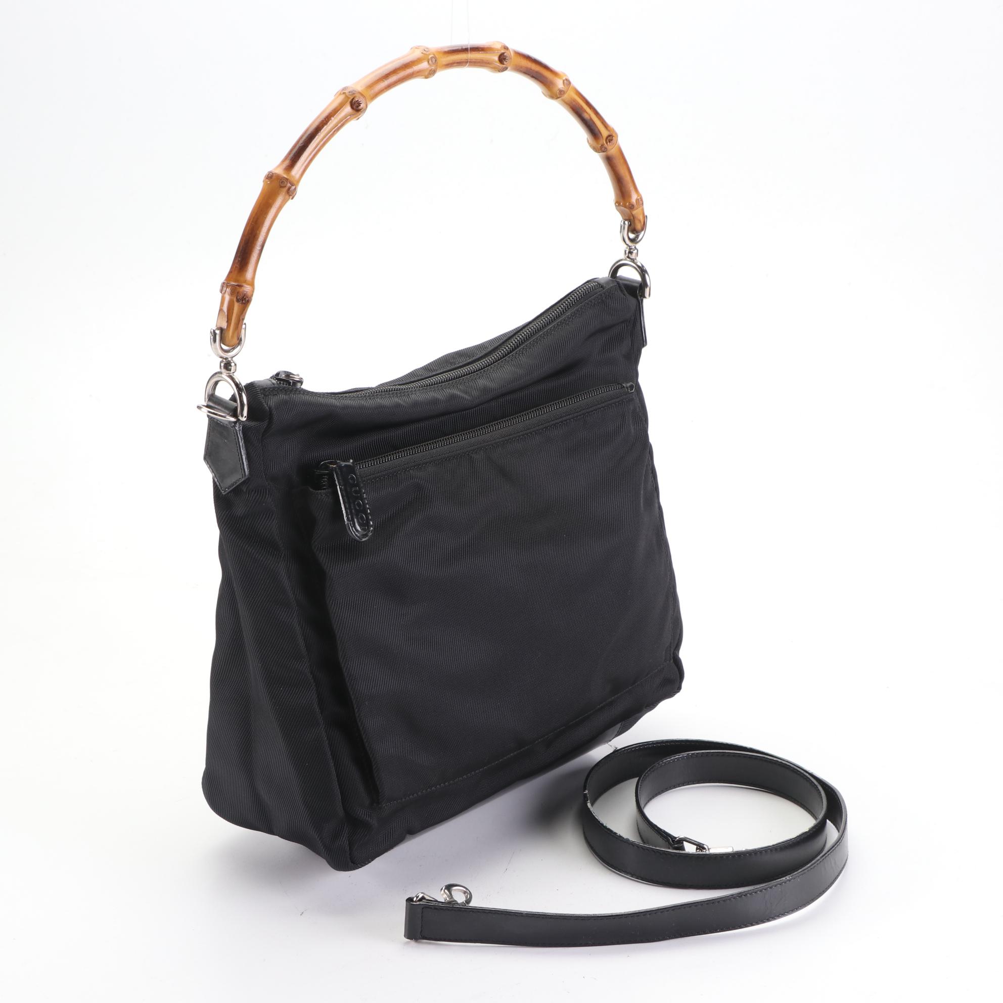 Gucci Bamboo Small Shoulder Bag in Black Nylon Gabardine and Leather EBTH